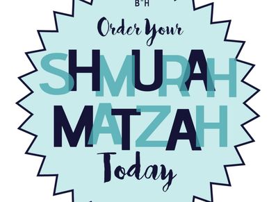 Badge graphic reading “Order Your Shmurah Matzah Today” in blue text on a light blue starburst backg