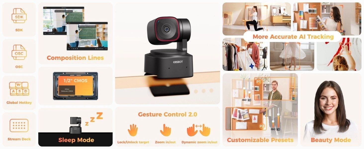 Cámara Web OBSBOT Tiny 2 Lite 4K con IA vista 8
