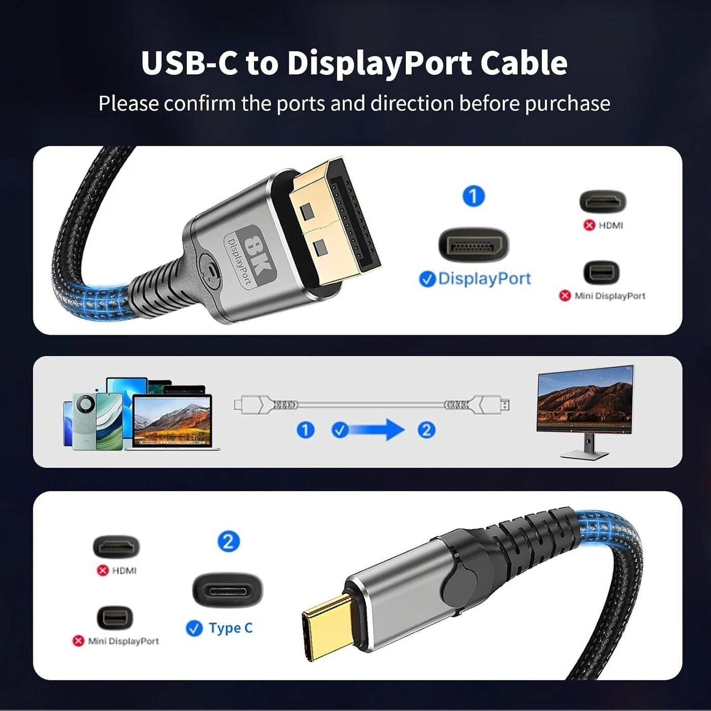 Cable USB-C a DisplayPort 1.4 8K Esencial vista 4
