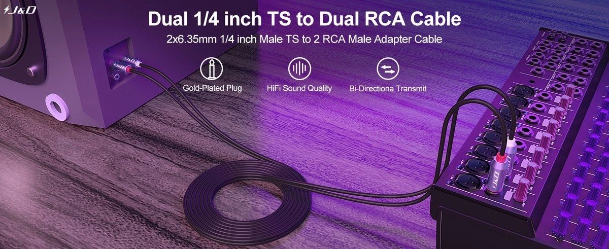Cable de Audio J&D Doble Plug 6,35 mm (1/4") a Doble RCA 1,8 m vista 5