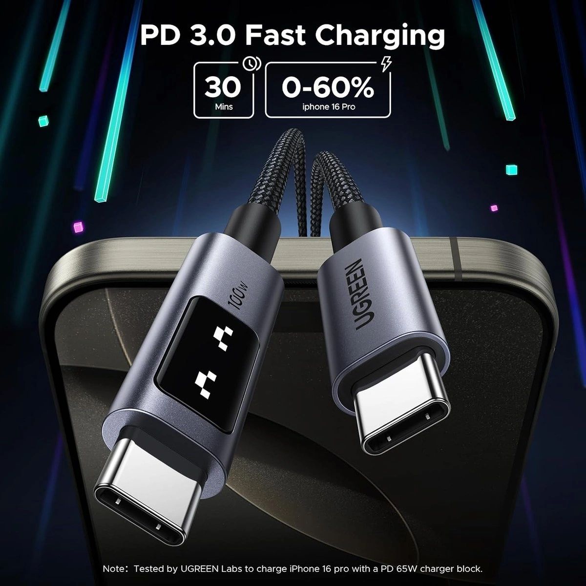 Cable USB-C a USB-C UGREEN Uno 100 W con Pantalla LED 2 m vista 2
