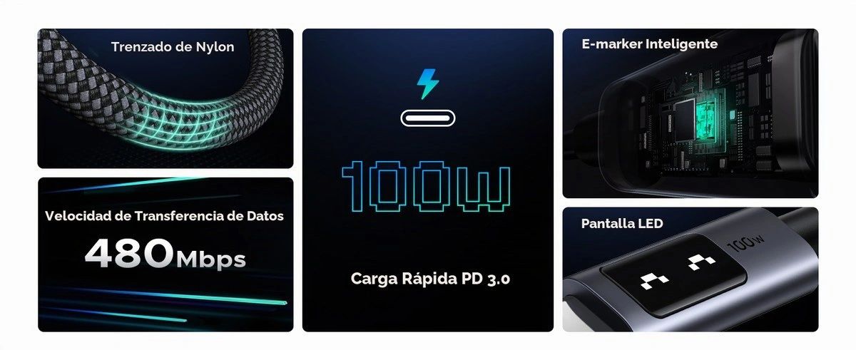 Cable USB-C a USB-C UGREEN Uno 100 W con Pantalla LED 2 m vista 5
