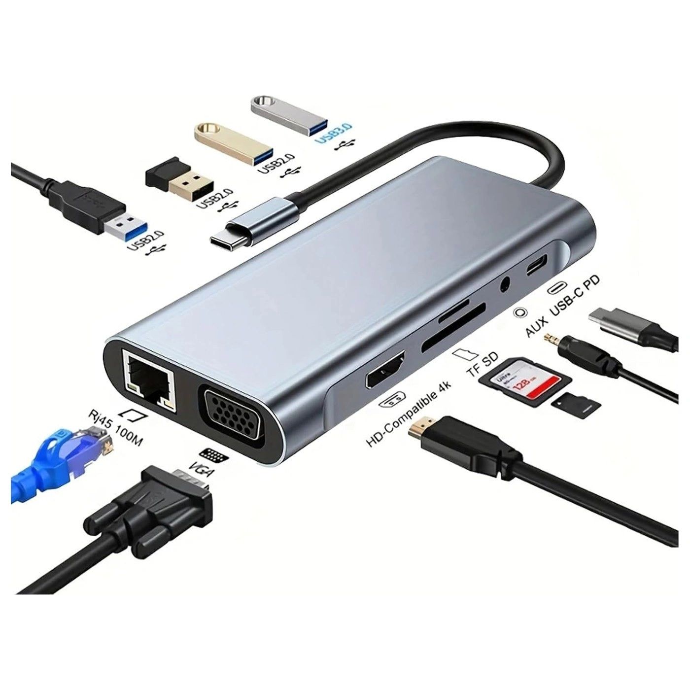 Hub USB-C 11 en 1 HDMI 4K + VGA + Ethernet
