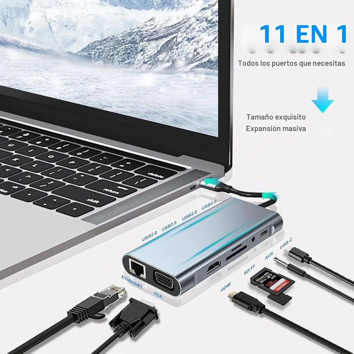 Hub USB-C 11 en 1 HDMI 4K + VGA + Ethernet vista 3