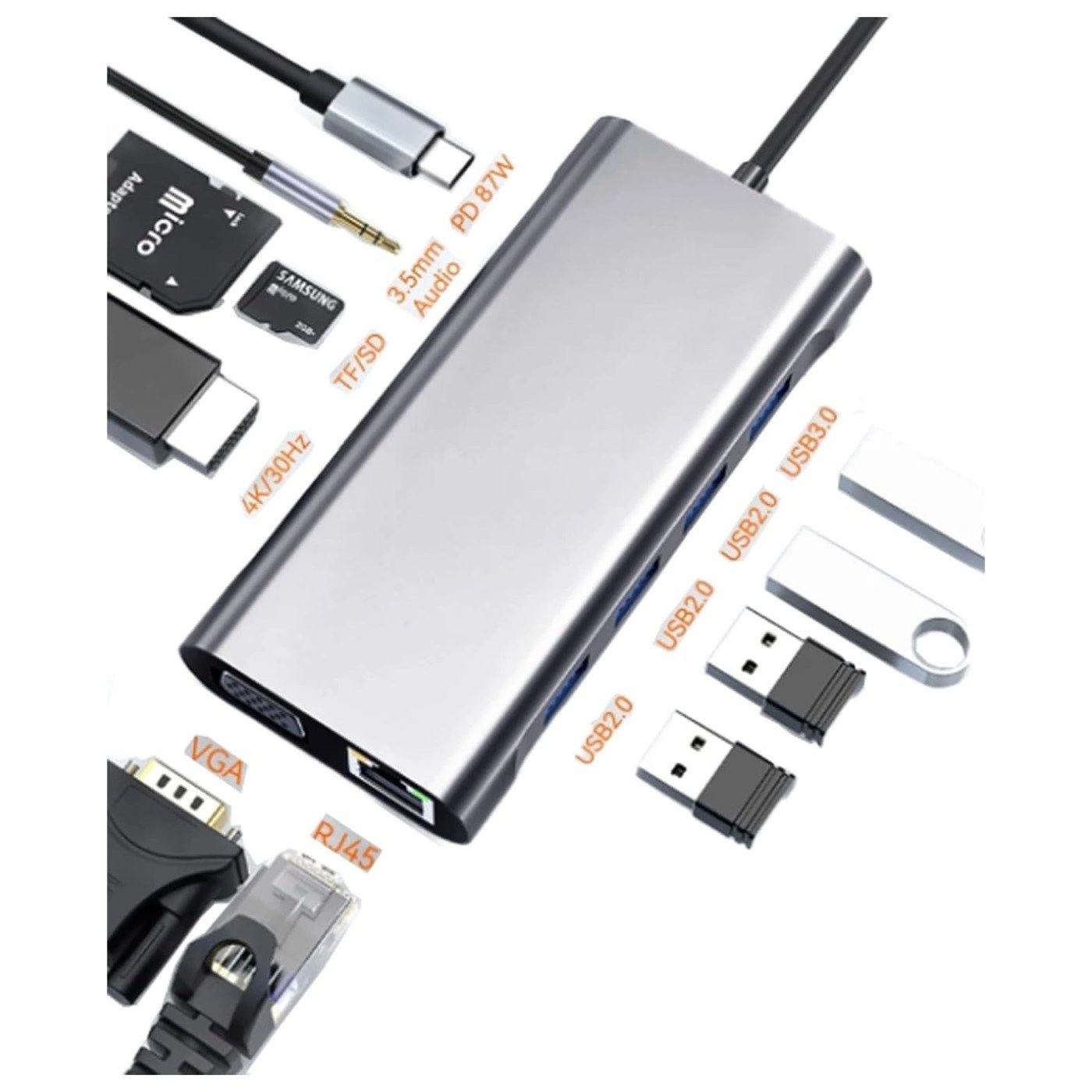 Hub USB-C 11 en 1 HDMI 4K + VGA + Ethernet vista 5