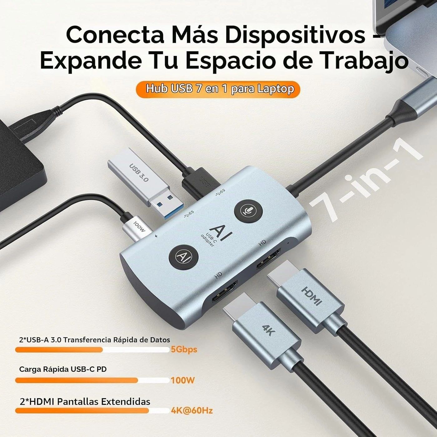 Hub USB-C TOPOINT 7 en 1 con Asistente IA vista 3