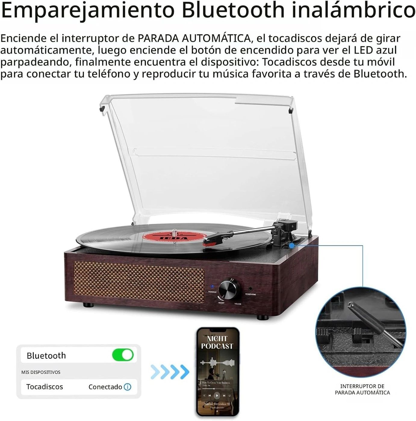 Tocadiscos Clásico Caoba Bluetooth vista 5