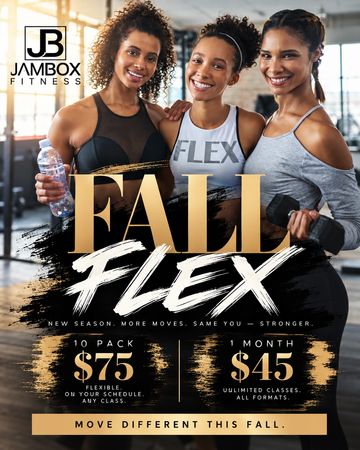 Fitness promo with three smiling women at gym.