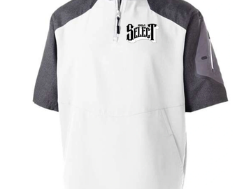 White and gray quarter-zip shirt with "Select" logo and zippered sleeve pocket.