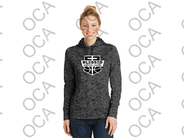 Woman wearing a dark hoodie with a 'Blessed' basketball logo.