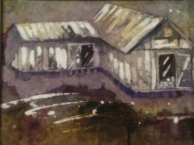 Watercolor painting of a rustic house with a thatched roof.