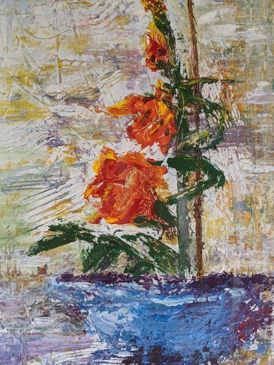 Abstract painting of orange flowers in a blue vase.