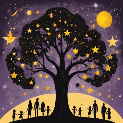 Arbre étoilé avec silhouettes de famille sous un ciel nocturne.