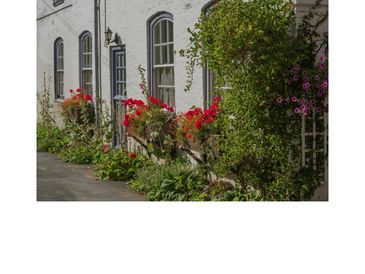 White building with arched windows and colorful flowers along the wall.