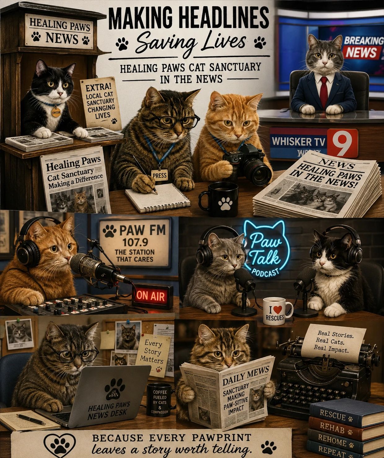 Cats working at Healing Paws news and media.