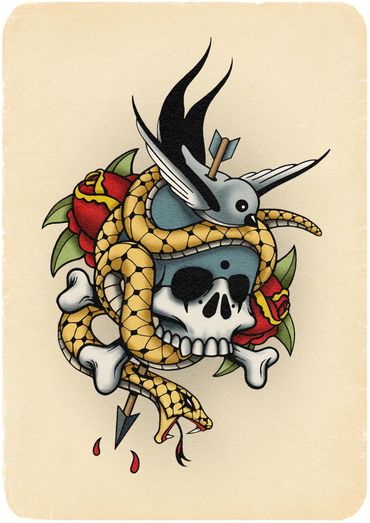 neo trad tattoo illustration sailor jerry flash art +AB+ Aaron Black
skull snake swallow roses arrow