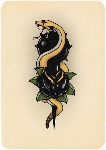 american neo traditional tattoo illustration sailor jerry flash art +AB+ Aaron Black
snake and spike