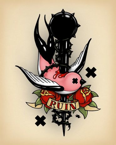 american neo trad tattoo illustration sailor jerry flash art +AB+ Aaron Black
swallow, roses, spike