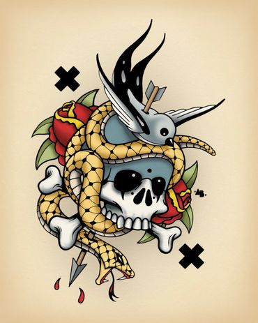 american neo trad tattoo illustration sailor jerry flash art +AB+ Aaron Black
skull , snake, swallow