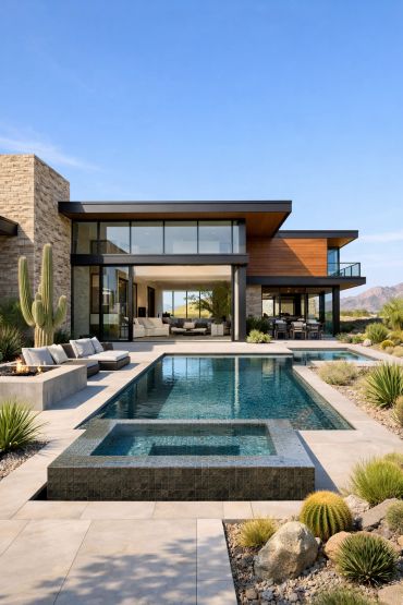 Modern desert home with pool and spa under clear blue sky.