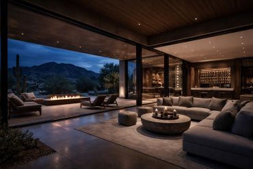 Modern open living room with cozy seating and outdoor firepit at dusk.