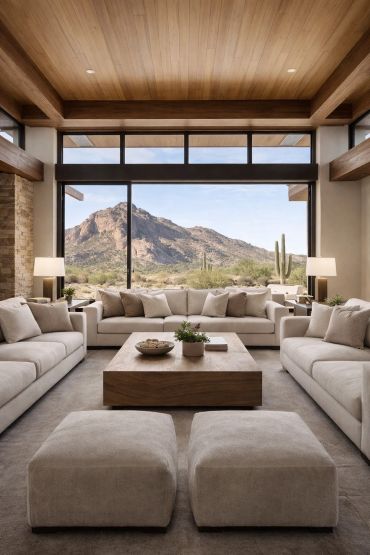 Modern living room with large windows showcasing a desert mountain view.