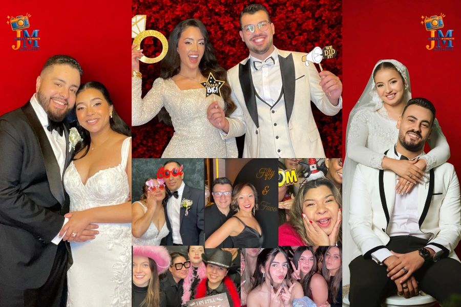 Wedding photo booth collage featuring couples and guests celebrating in New Jersey