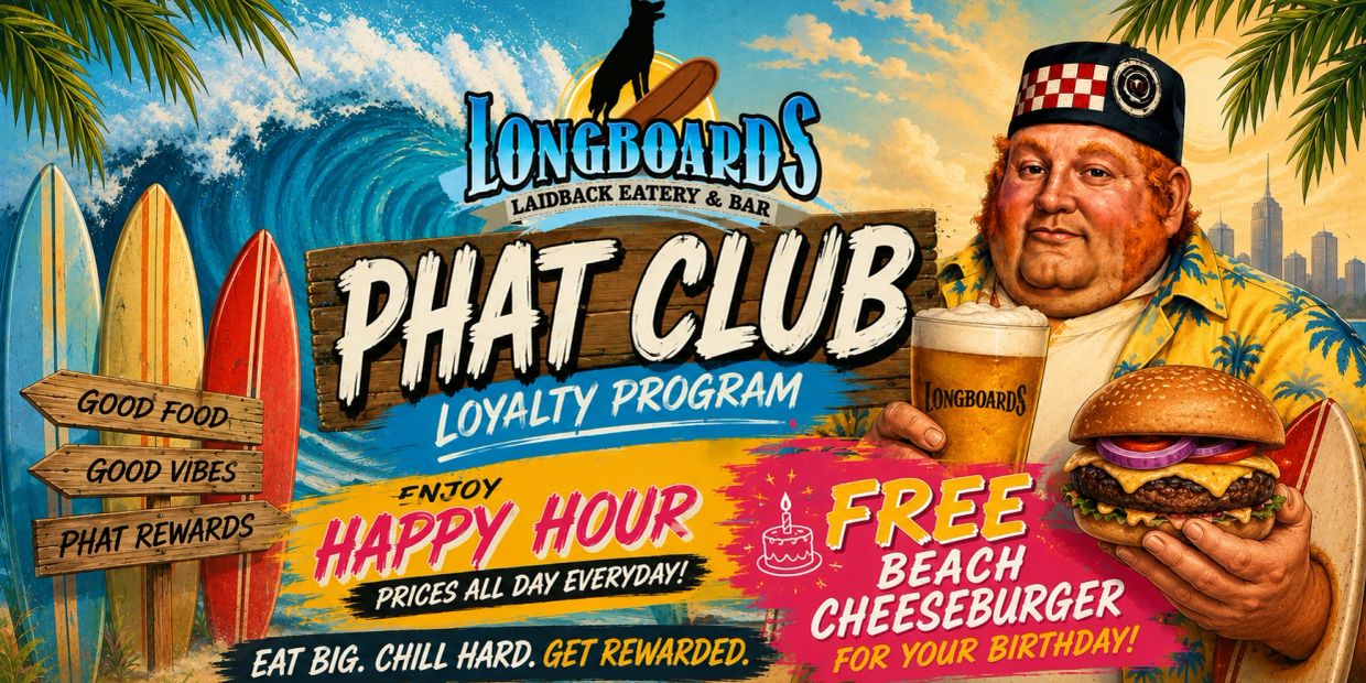 Colorful loyalty program advertisement with beach and burger theme.