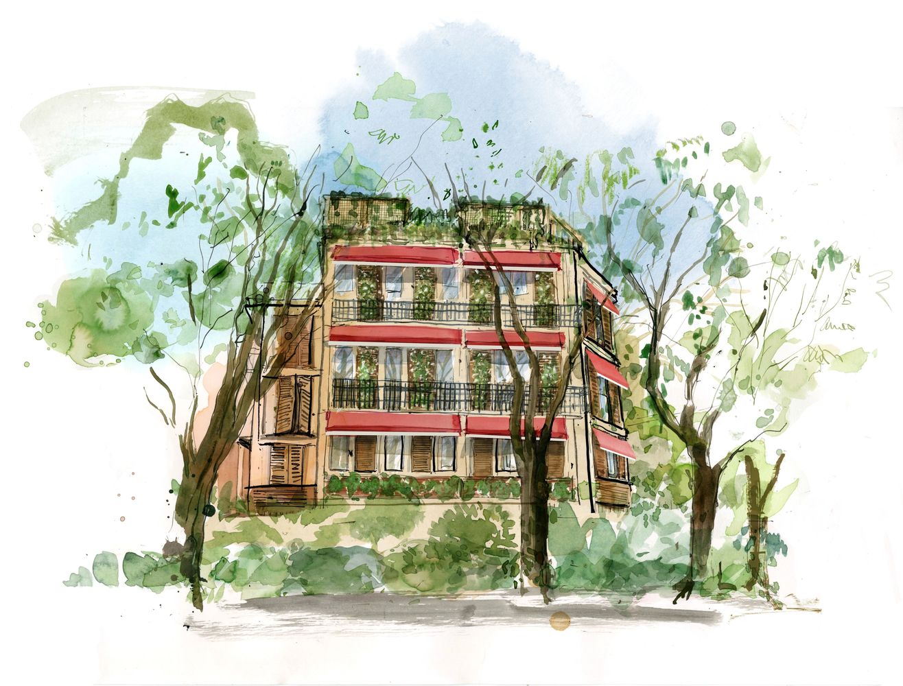 Watercolour of a four storey building with red canopies surrounded by trees