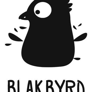 Black cartoon bird with wings spread, text 'BLAKRYRD' below.
