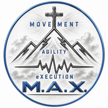 Logo with mountain, cross, and heartbeat symbol representing movement, agility, and execution.