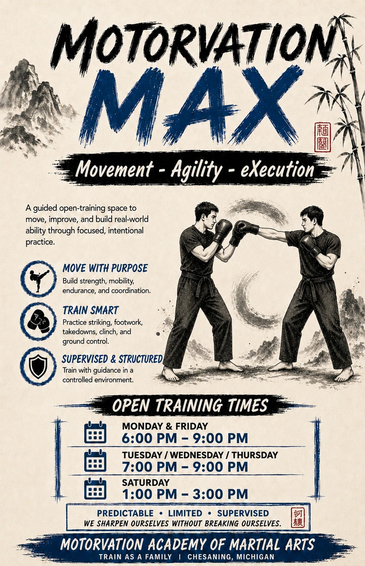Martial arts training schedule and philosophy poster.