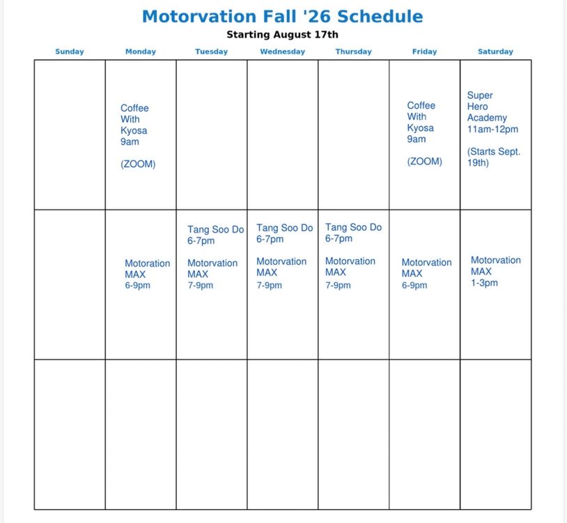 Motorvation Fall '26 weekly schedule with classes and events.