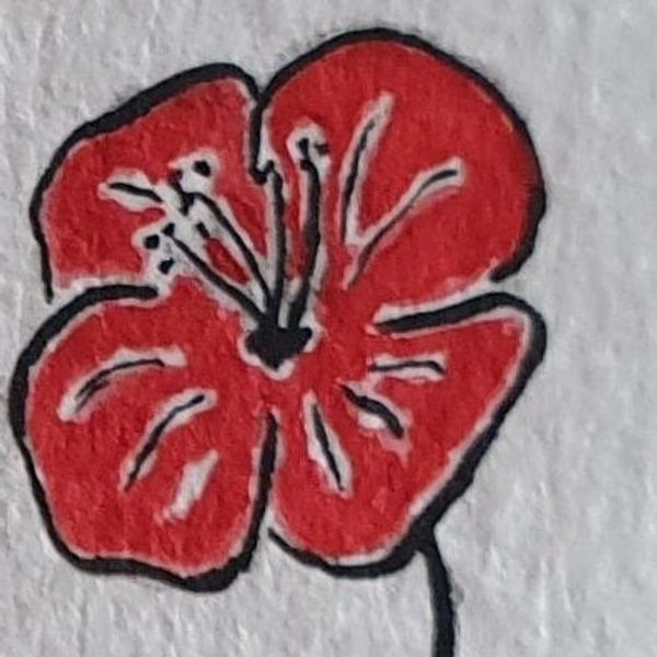A simple red flower illustration with black outlines on a textured white background.