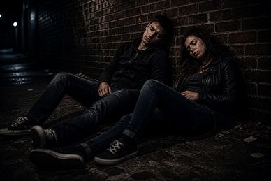 Two distressed people sitting exhausted against a brick wall at night.