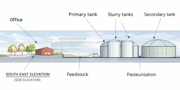 Diagram of a biogas plant showing labeled tanks and office.