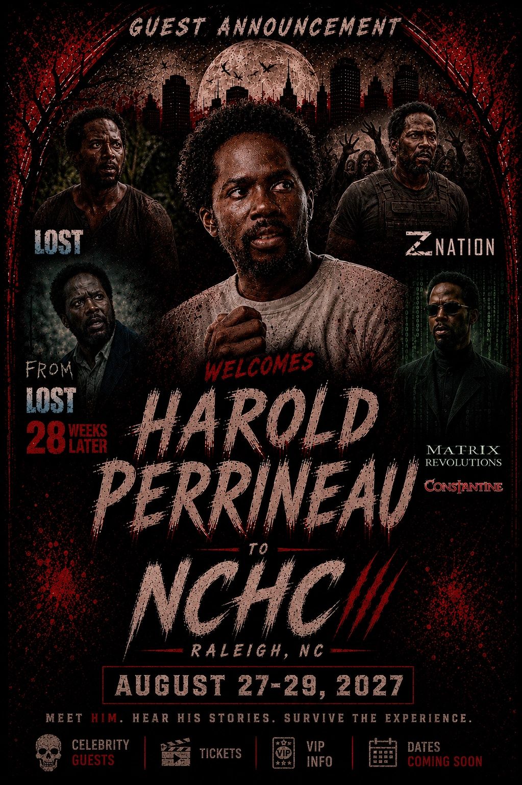 Harold Perrineau guest announcement for NCHC 2027 in Raleigh, NC.