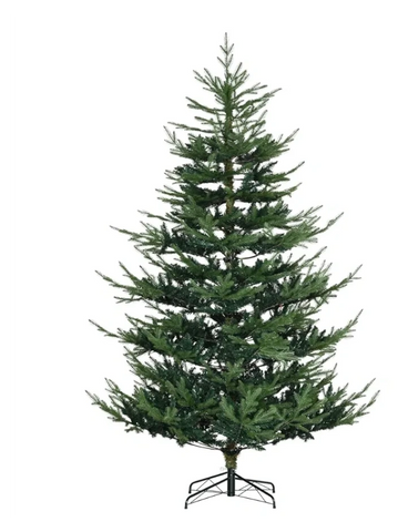 A tall, green artificial Christmas tree with a metal stand.