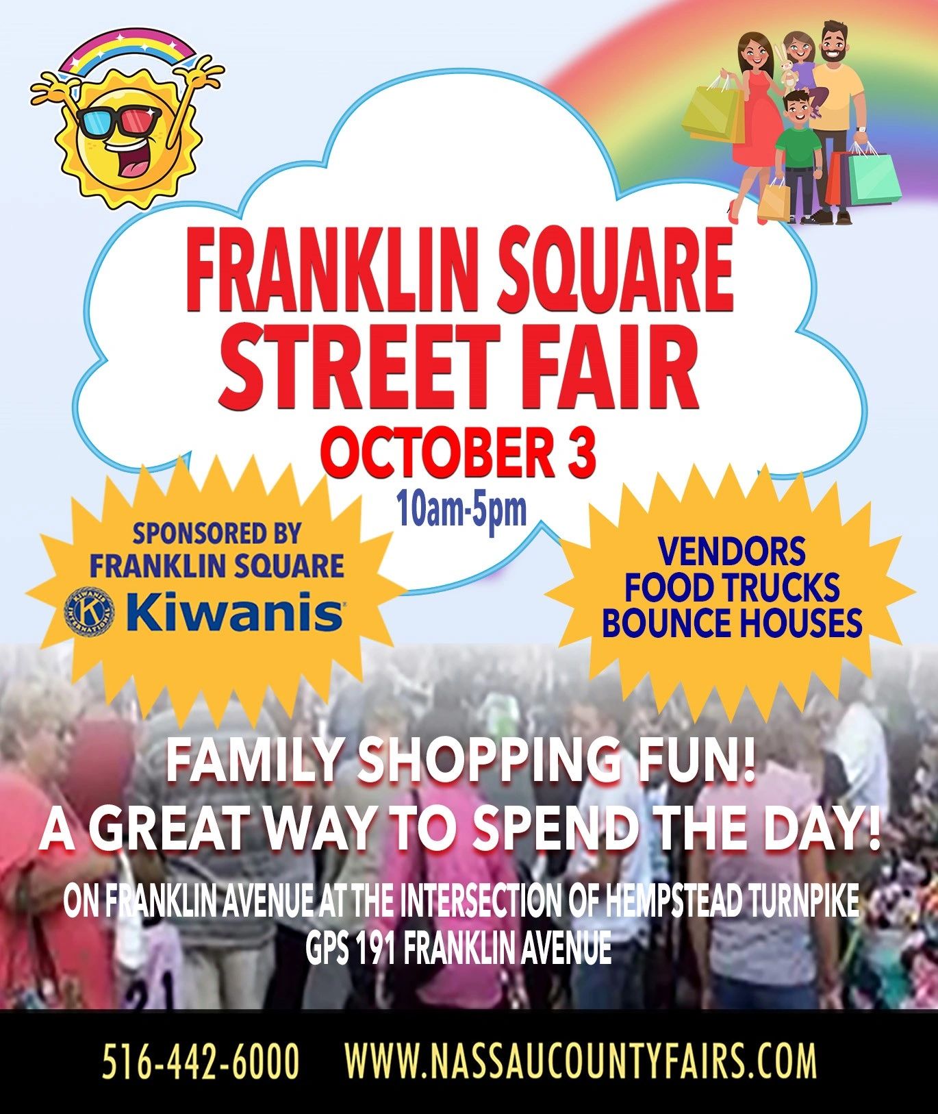 Franklin Square Street Fair poster. Family fun with vendors, food trucks, and bounce houses!