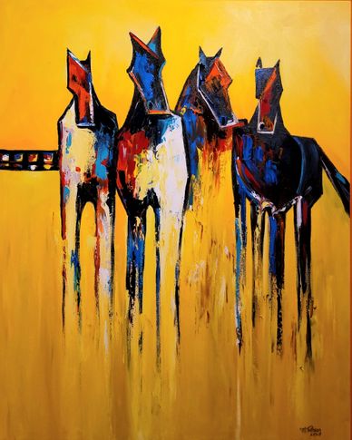 Abstract painting of four colorful horses against a bright yellow background.