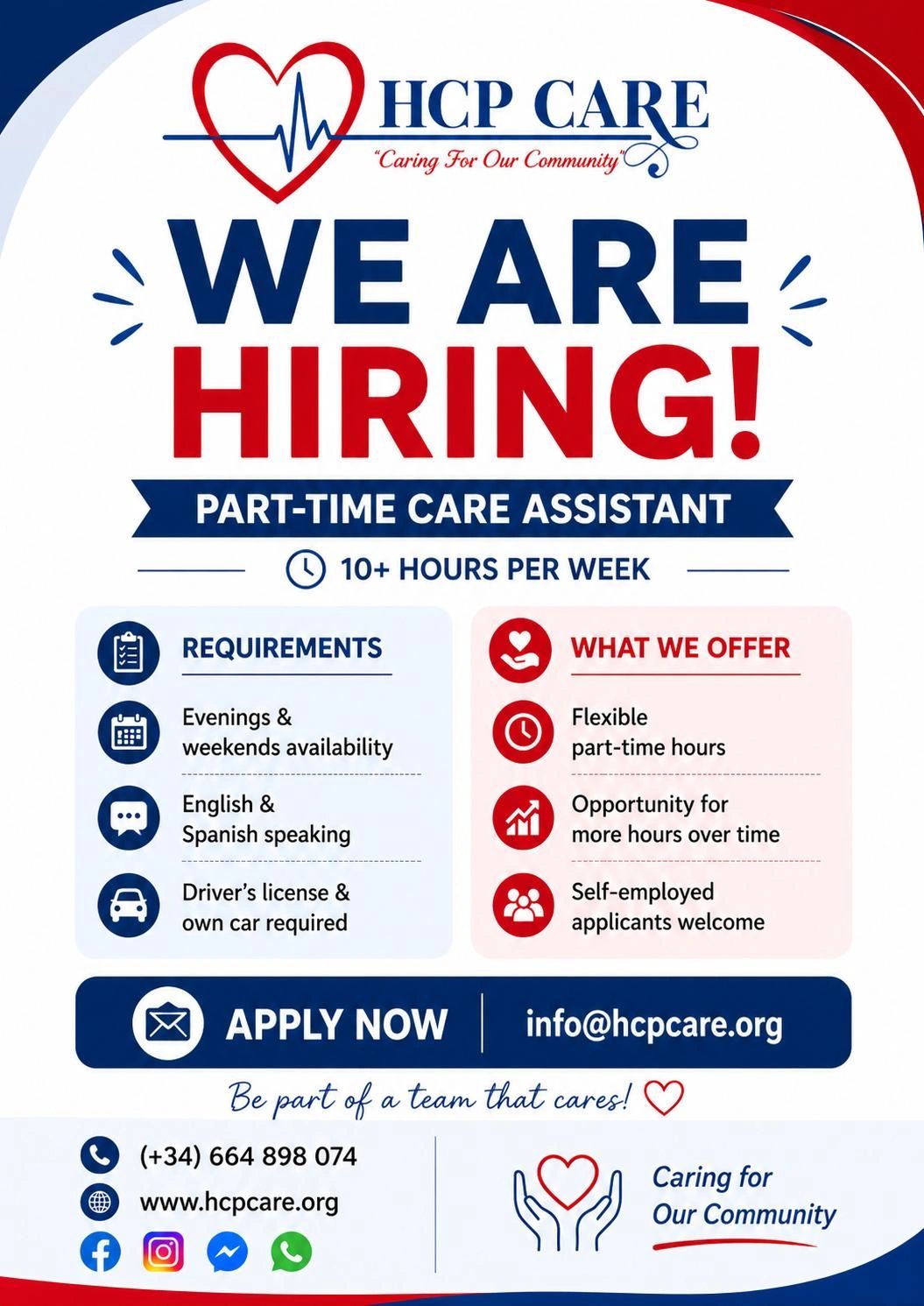 HCP Care is hiring part-time care assistants with flexible hours and community focus.