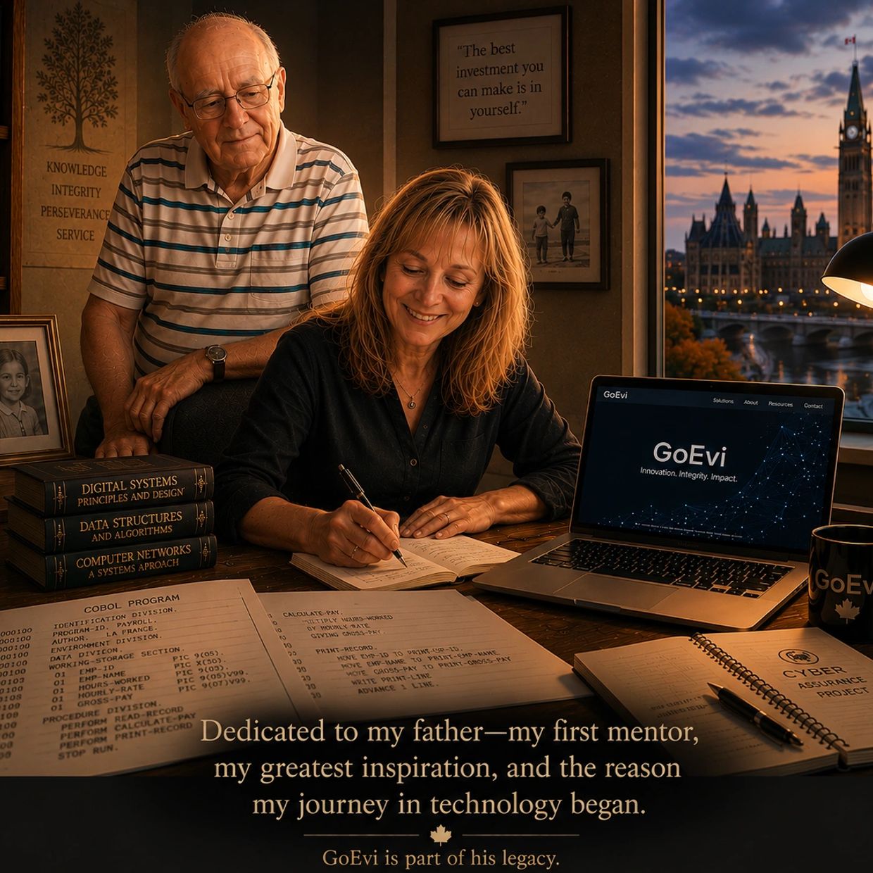 A woman and her father share a moment of inspiration in technology.