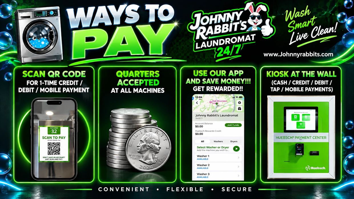 Different payment methods at Johnny Rabbit's Laundromat.