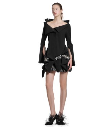 Robe noire élégante avec volants et chaussures à plumes.