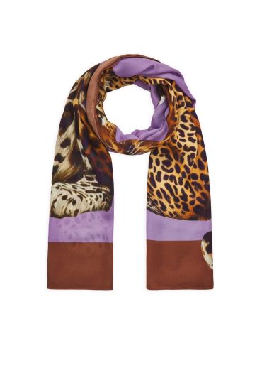 Scarf with animal print and purple accents.
