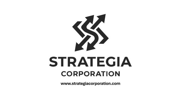 Logo of Strategia Corporation with arrows and website URL.