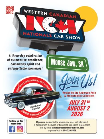 Poster for Western Canadian Nationals Car Show in Moose Jaw, SK, July 31 to August 2, 2026.