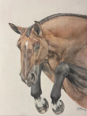 Watercolor painting of a bay warmblood horse jumping