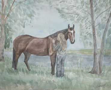 Watercolor painting of a girl and her horse standing in a field in front of a pond
