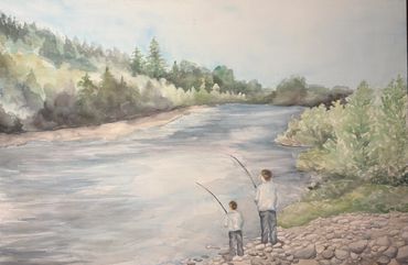 A peaceful scene of two people fishing by a river surrounded by trees.